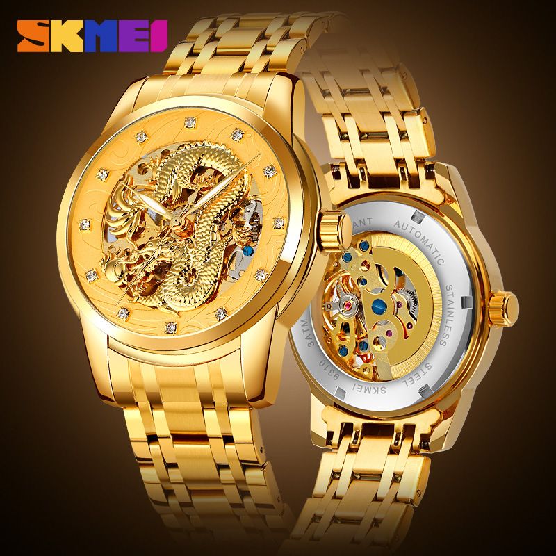 SKMEI men's watch Gold Chinese Long fully automatic mechanical watch Men Top Brand Luxury Quartz Watch Waterproof stainless Steel Strap Wristwatches fashion Analog watch casual business watch for Men