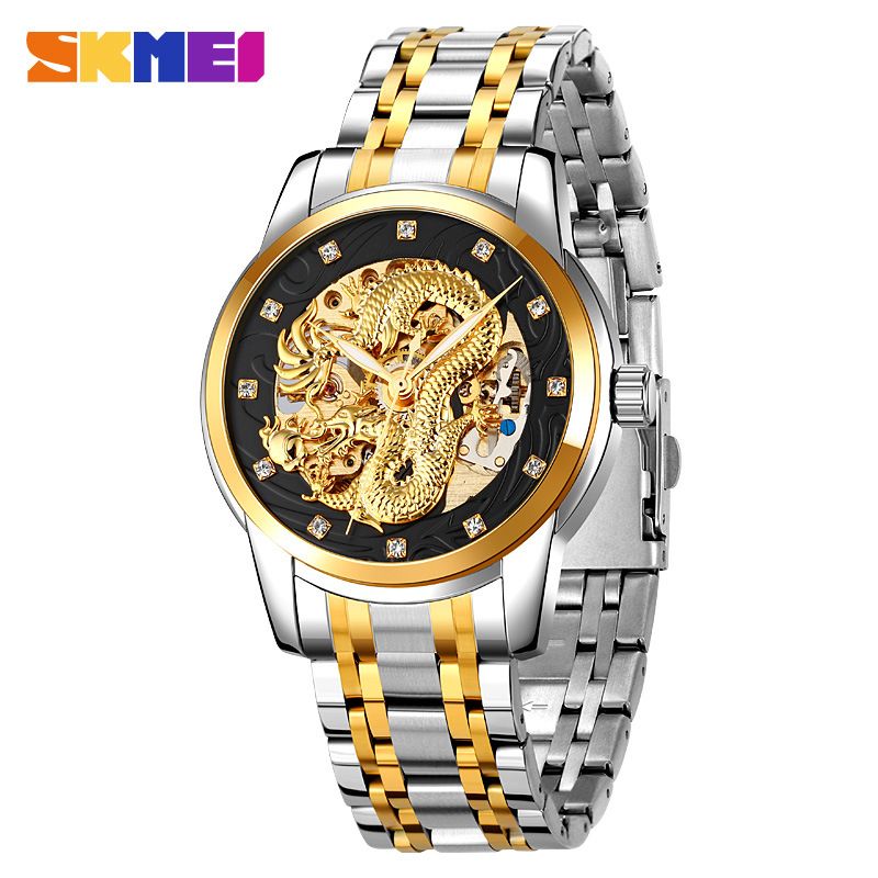 SKMEI men's watch Gold Chinese Long fully automatic mechanical watch Men Top Brand Luxury Quartz Watch Waterproof stainless Steel Strap Wristwatches fashion Analog watch casual business watch for Men