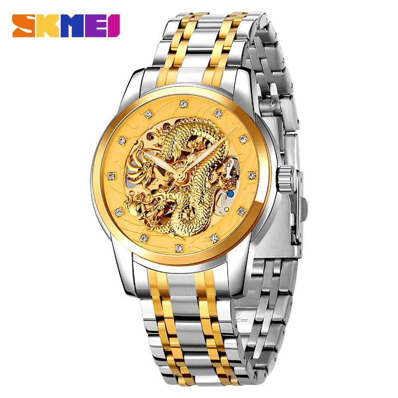 SKMEI men's watch Gold Chinese Long fully automatic mechanical watch Men Top Brand Luxury Quartz Watch Waterproof stainless Steel Strap Wristwatches fashion Analog watch casual business watch for Men