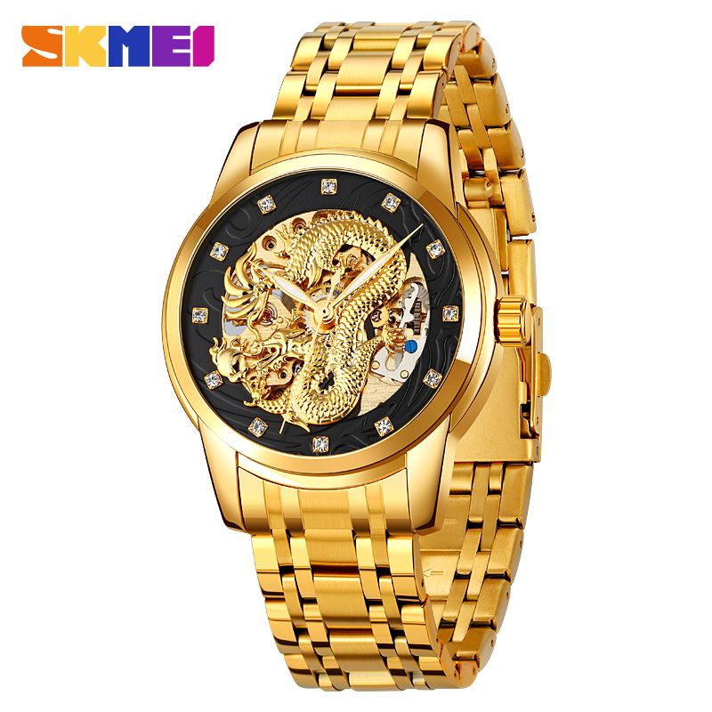 SKMEI men's watch Gold Chinese Long fully automatic mechanical watch Men Top Brand Luxury Quartz Watch Waterproof stainless Steel Strap Wristwatches fashion Analog watch casual business watch for Men