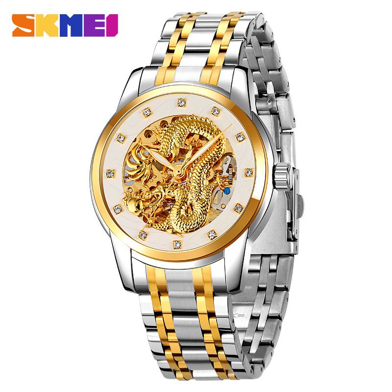 SKMEI men's watch Gold Chinese Long fully automatic mechanical watch Men Top Brand Luxury Quartz Watch Waterproof stainless Steel Strap Wristwatches fashion Analog watch casual business watch for Men
