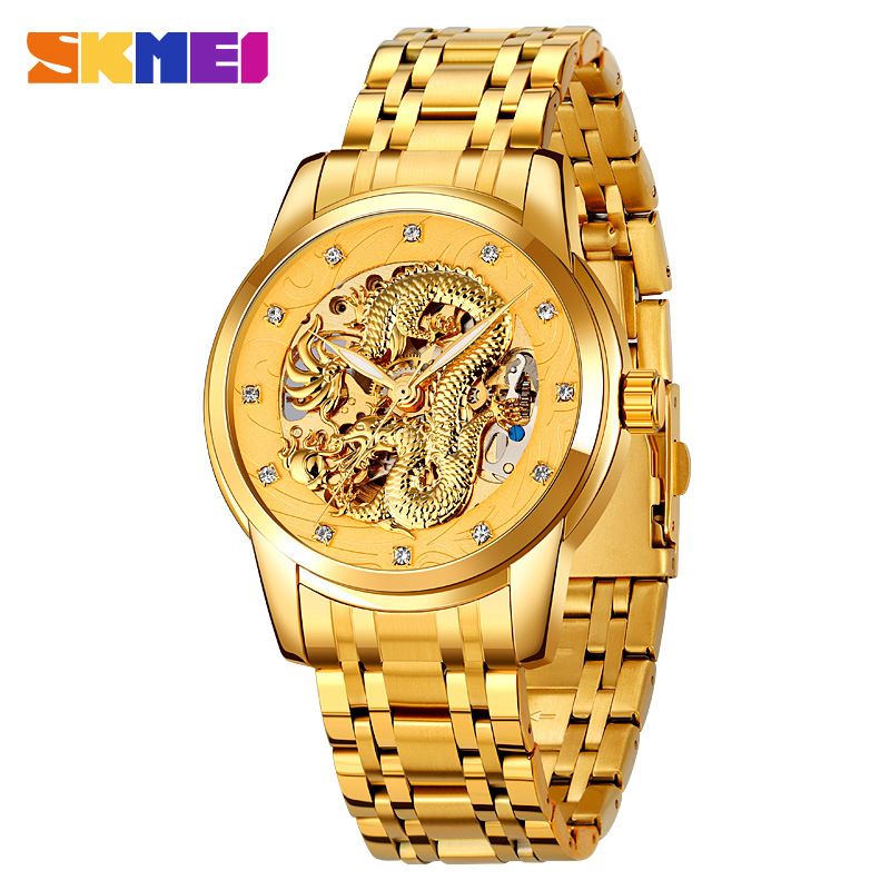 SKMEI men's watch Gold Chinese Long fully automatic mechanical watch Men Top Brand Luxury Quartz Watch Waterproof stainless Steel Strap Wristwatches fashion Analog watch casual business watch for Men