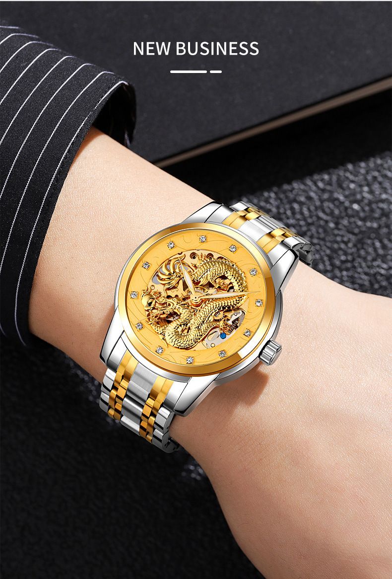 SKMEI men's watch Gold Chinese Long fully automatic mechanical watch Men Top Brand Luxury Quartz Watch Waterproof stainless Steel Strap Wristwatches fashion Analog watch casual business watch for Men