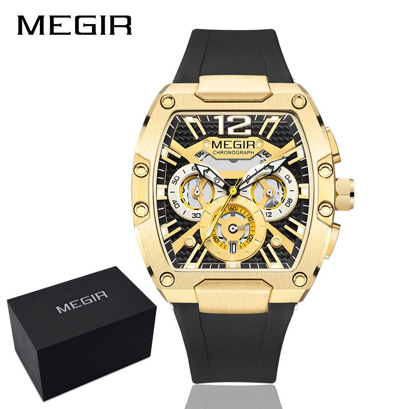 MEGIR Fashion Men's Sports Watch quartz watch Casual analog watch Stopwatch calendar square curved screen Barrel Wristwatch Watch for Men Waterproof Luminous Watch for men Gifts for Men Boyfriend