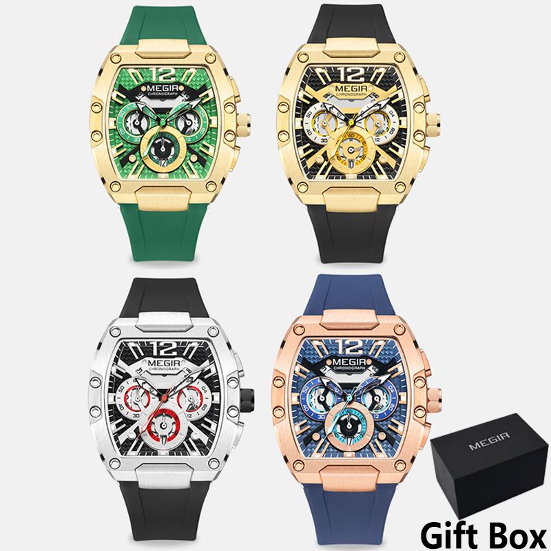 MEGIR Fashion Men's Sports Watch quartz watch Casual analog watch Stopwatch calendar square curved screen Barrel Wristwatch Watch for Men Waterproof Luminous Watch for men Gifts for Men Boyfriend