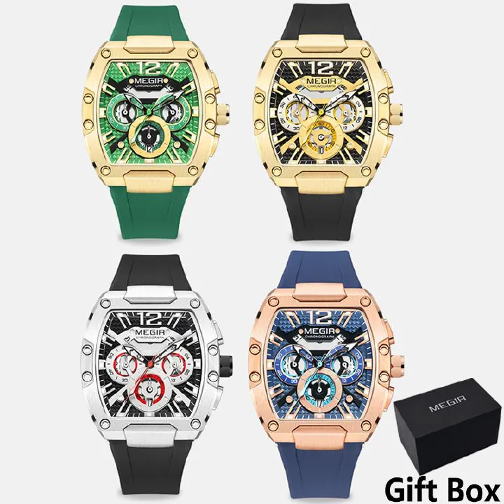 MEGIR Fashion Men's Sports Watch quartz watch Casual analog watch Stopwatch calendar square curved screen Barrel Wristwatch Watch for Men Waterproof Luminous Watch for men Gifts for Men Boyfriend