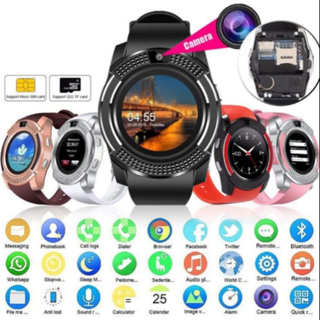 JQSEN V8 Smart Watch 0.3M Camera Smartwatch for both men and women supports SIM card TF Card Sync waterproof Sports Smart watch heart rate fitness Tracker Pedometer Watch for Men Alarm Clock Watches