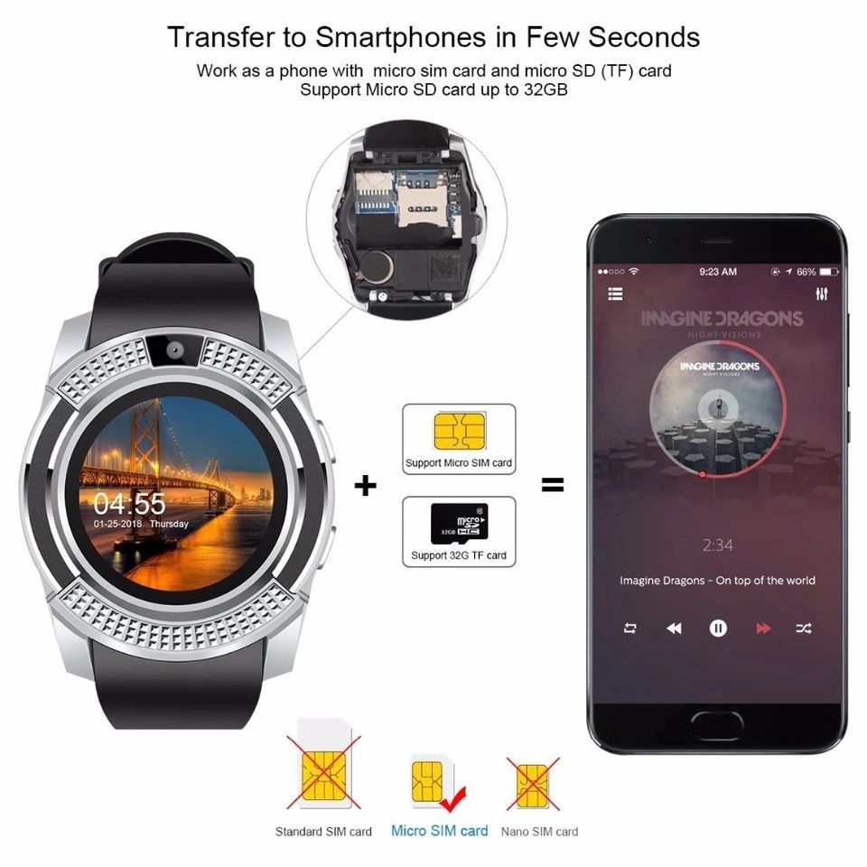 JQSEN V8 Smart Watch 0.3M Camera Smartwatch for both men and women supports SIM card TF Card Sync waterproof Sports Smart watch heart rate fitness Tracker Pedometer Watch for Men Alarm Clock Watches