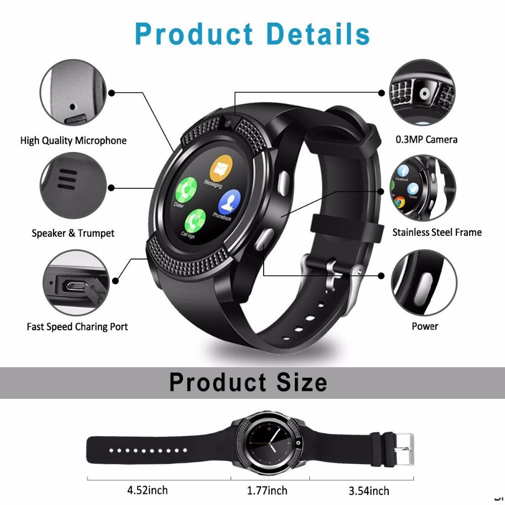 JQSEN V8 Smart Watch 0.3M Camera Smartwatch for both men and women supports SIM card TF Card Sync waterproof Sports Smart watch heart rate fitness Tracker Pedometer Watch for Men Alarm Clock Watches