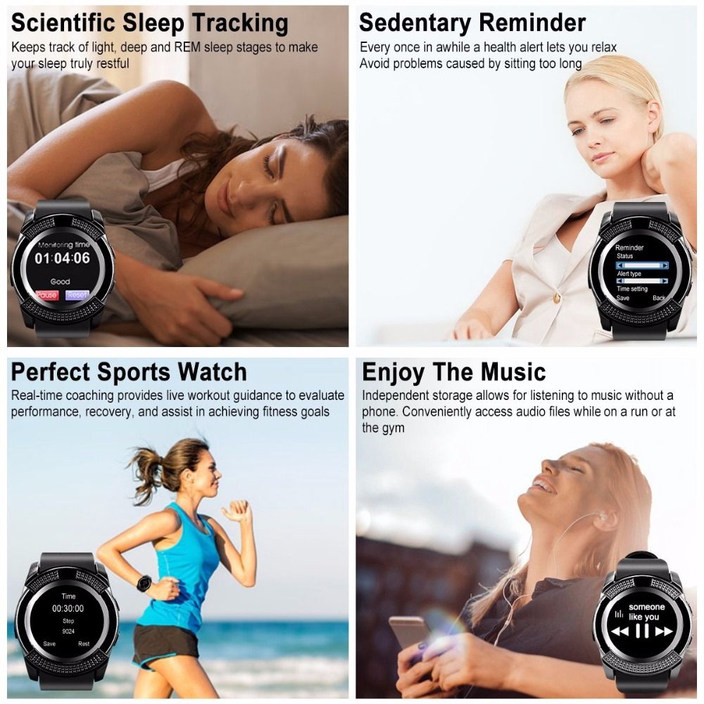JQSEN V8 Smart Watch 0.3M Camera Smartwatch for both men and women supports SIM card TF Card Sync waterproof Sports Smart watch heart rate fitness Tracker Pedometer Watch for Men Alarm Clock Watches