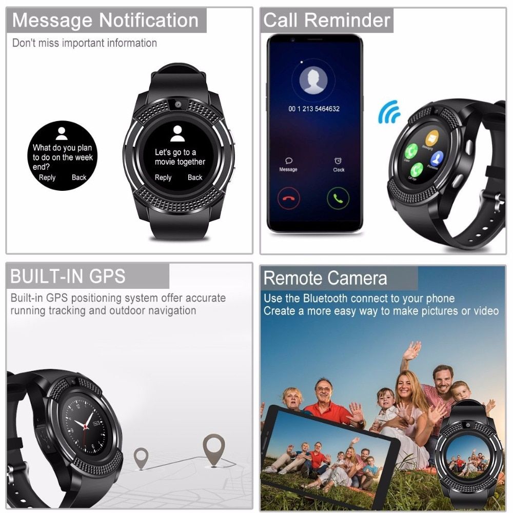 JQSEN V8 Smart Watch 0.3M Camera Smartwatch for both men and women supports SIM card TF Card Sync waterproof Sports Smart watch heart rate fitness Tracker Pedometer Watch for Men Alarm Clock Watches