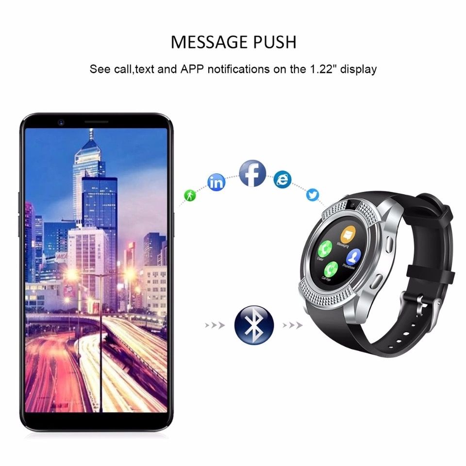 JQSEN V8 Smart Watch 0.3M Camera Smartwatch for both men and women supports SIM card TF Card Sync waterproof Sports Smart watch heart rate fitness Tracker Pedometer Watch for Men Alarm Clock Watches