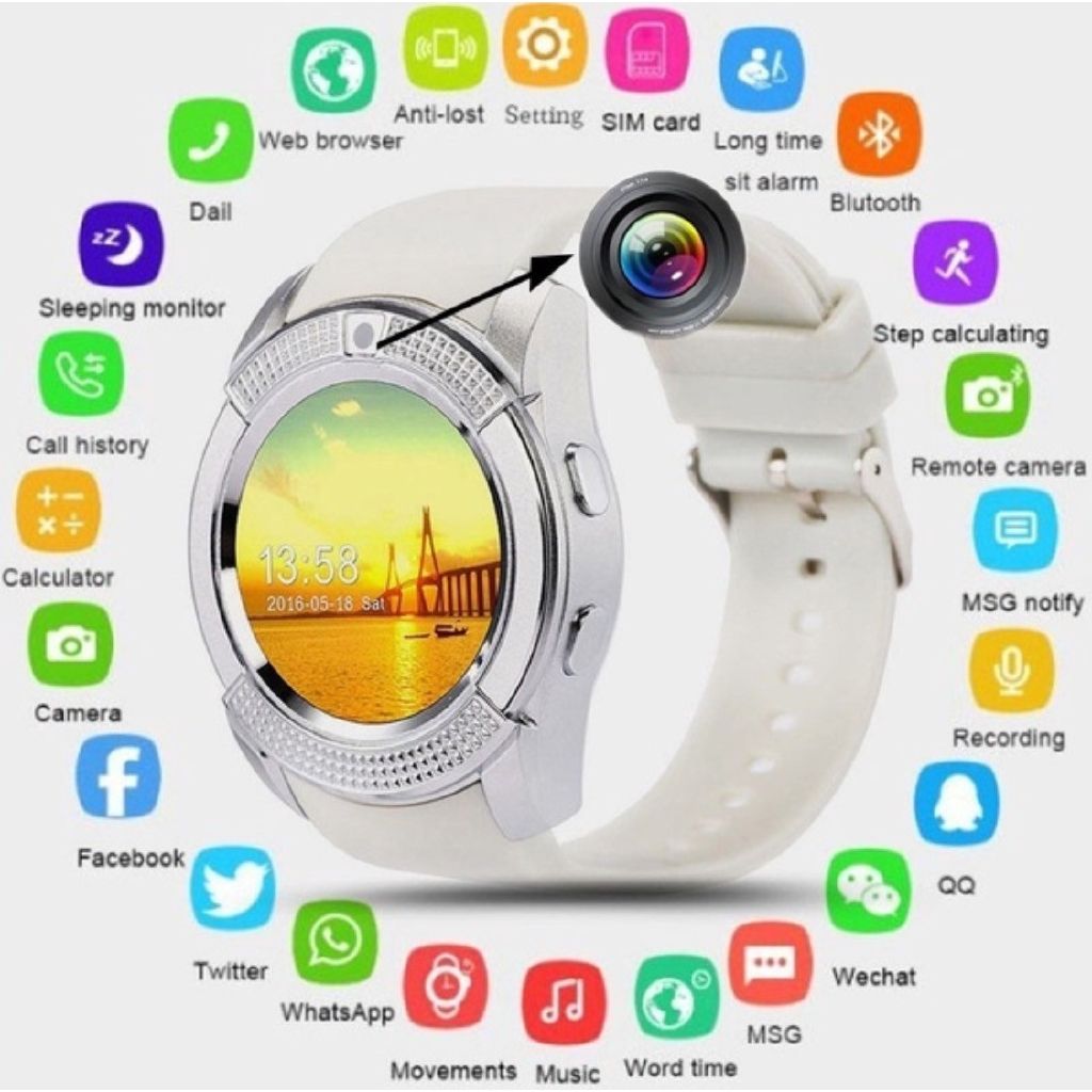 JQSEN V8 Smart Watch 0.3M Camera Smartwatch for both men and women supports SIM card TF Card Sync waterproof Sports Smart watch heart rate fitness Tracker Pedometer Watch for Men Alarm Clock Watches
