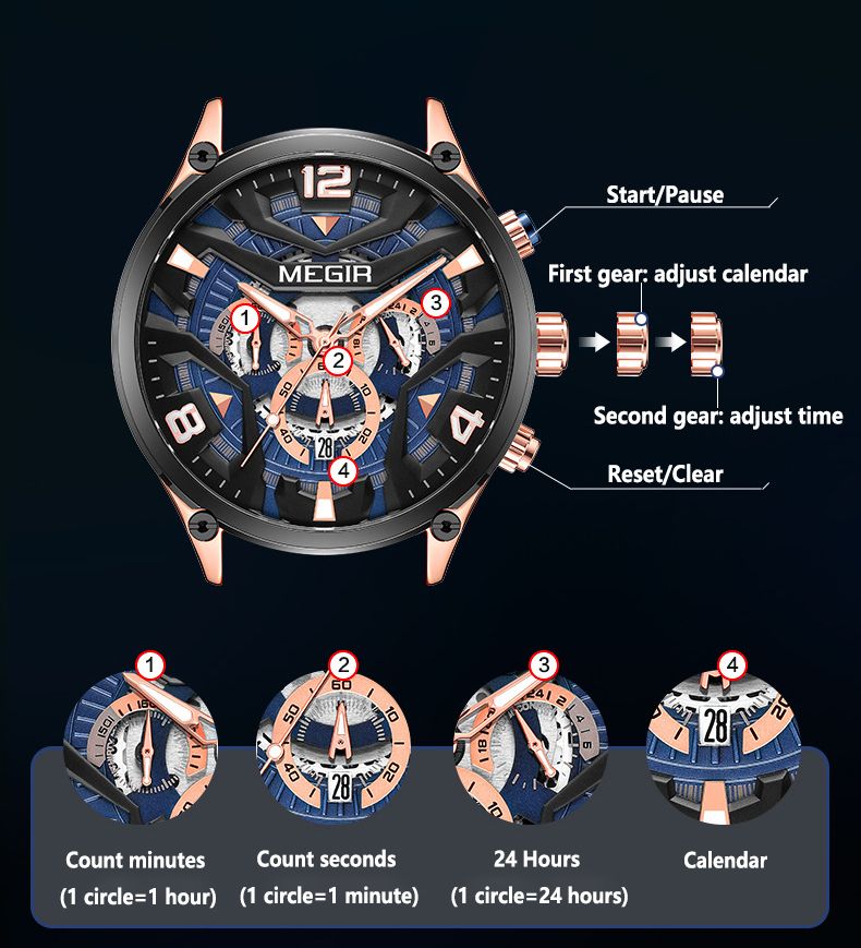 MEGIR Casual Men's Quartz watch Fashion Creative pointer Analog watch wristwatch calendar minute second hand luminous watch stainless steel silicone strap anti-fall Business waterproof watch for Men
