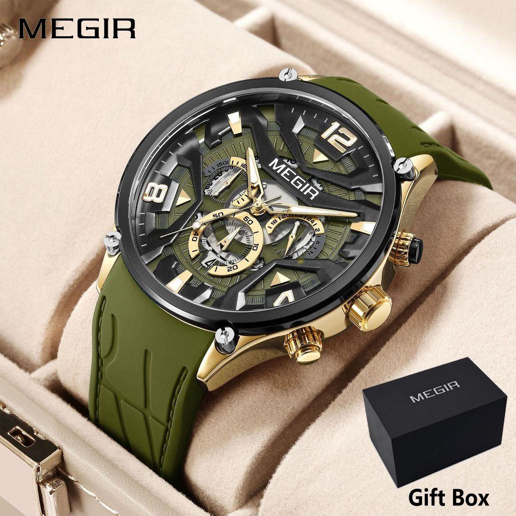 MEGIR Casual Men's Quartz watch Fashion Creative pointer Analog watch wristwatch calendar minute second hand luminous watch stainless steel silicone strap anti-fall Business waterproof watch for Men