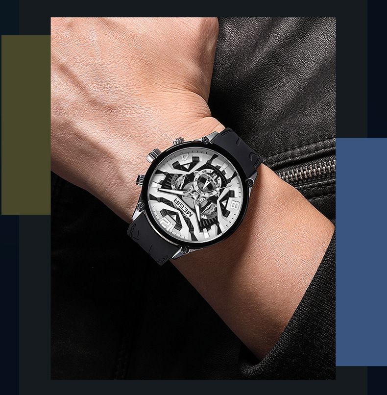 MEGIR Casual Men's Quartz watch Fashion Creative pointer Analog watch wristwatch calendar minute second hand luminous watch stainless steel silicone strap anti-fall Business waterproof watch for Men