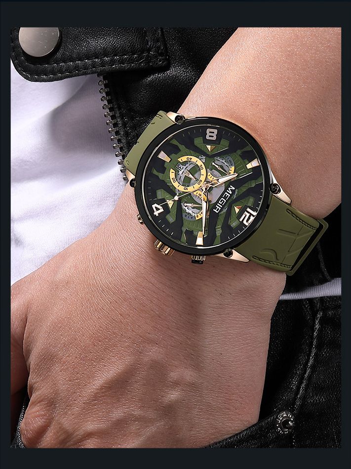 MEGIR Casual Men's Quartz watch Fashion Creative pointer Analog watch wristwatch calendar minute second hand luminous watch stainless steel silicone strap anti-fall Business waterproof watch for Men