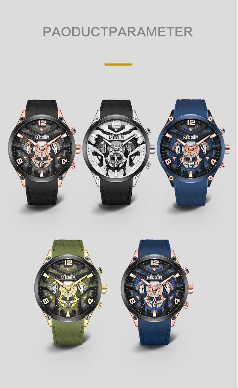 MEGIR Casual Men's Quartz watch Fashion Creative pointer Analog watch wristwatch calendar minute second hand luminous watch stainless steel silicone strap anti-fall Business waterproof watch for Men