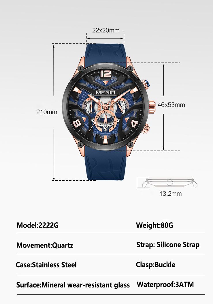MEGIR Casual Men's Quartz watch Fashion Creative pointer Analog watch wristwatch calendar minute second hand luminous watch stainless steel silicone strap anti-fall Business waterproof watch for Men