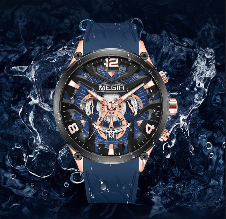 MEGIR Casual Men's Quartz watch Fashion Creative pointer Analog watch wristwatch calendar minute second hand luminous watch stainless steel silicone strap anti-fall Business waterproof watch for Men