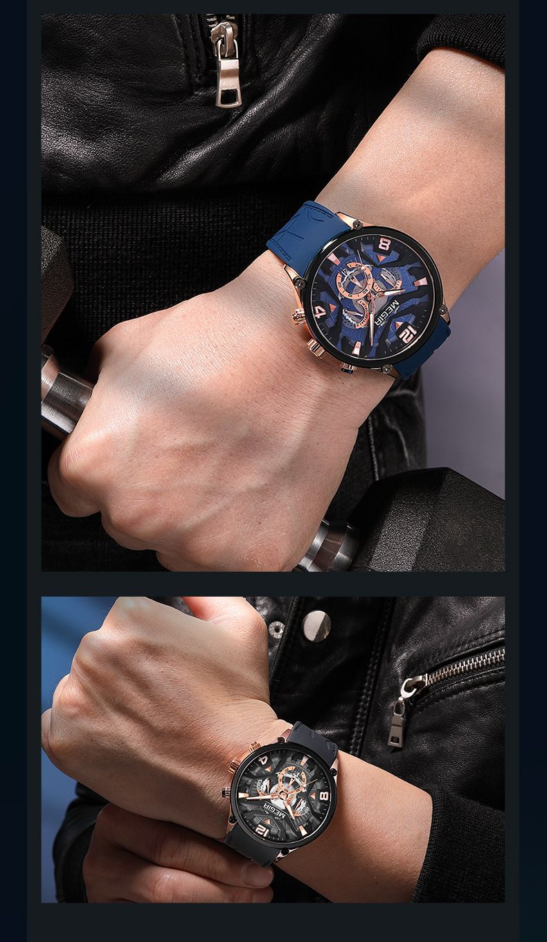 MEGIR Casual Men's Quartz watch Fashion Creative pointer Analog watch wristwatch calendar minute second hand luminous watch stainless steel silicone strap anti-fall Business waterproof watch for Men