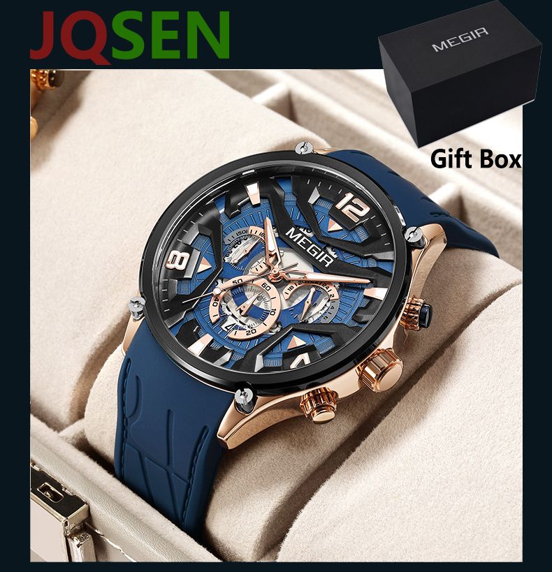 MEGIR Casual Men's Quartz watch Fashion Creative pointer Analog watch wristwatch calendar minute second hand luminous watch stainless steel silicone strap anti-fall Business waterproof watch for Men