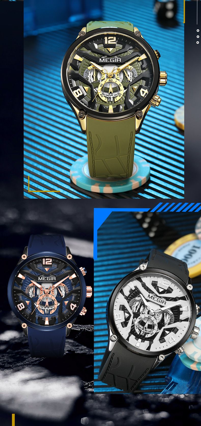 MEGIR Casual Men's Quartz watch Fashion Creative pointer Analog watch wristwatch calendar minute second hand luminous watch stainless steel silicone strap anti-fall Business waterproof watch for Men