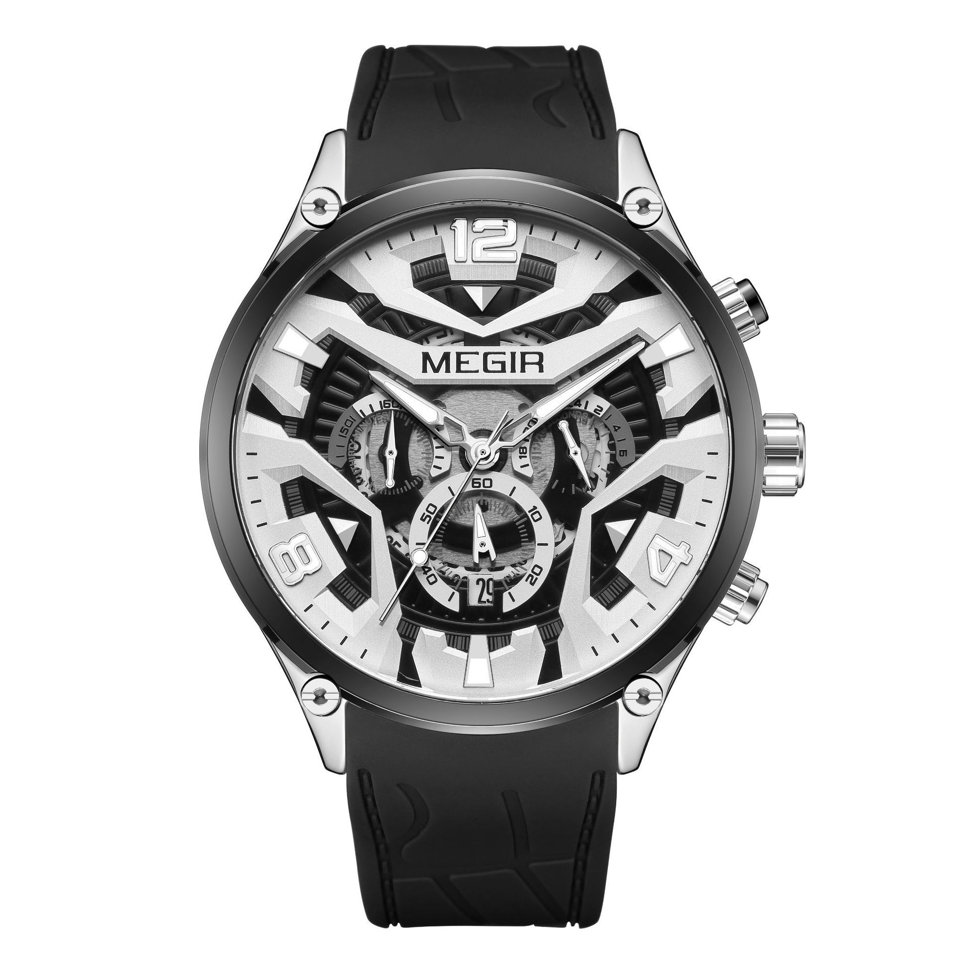 MEGIR Casual Men's Quartz watch Fashion Creative pointer Analog watch wristwatch calendar minute second hand luminous watch stainless steel silicone strap anti-fall Business waterproof watch for Men
