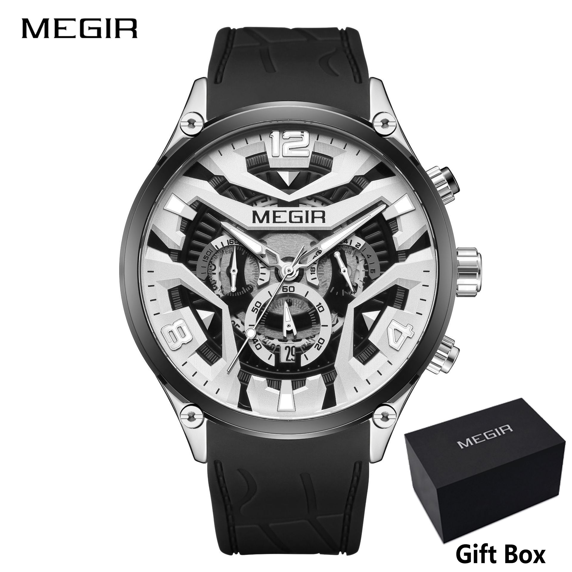 MEGIR Men's Quartz watch with calendar Fashion Casual Men Analog watch minute Stopwatch luminous watch stainless steel silicone strap Night Light Business waterproof wristwatch Sport watch for Men