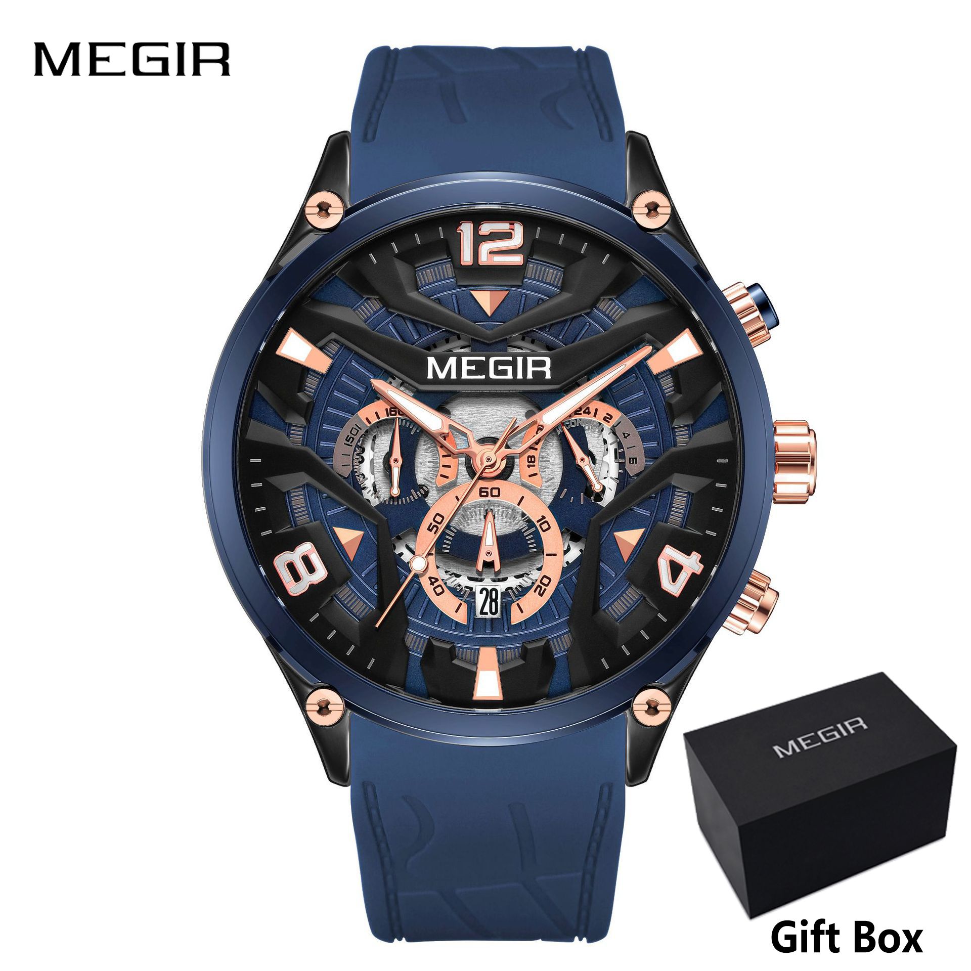 MEGIR Men's Quartz watch with calendar Fashion Casual Men Analog watch minute Stopwatch luminous watch stainless steel silicone strap Night Light Business waterproof wristwatch Sport watch for Men