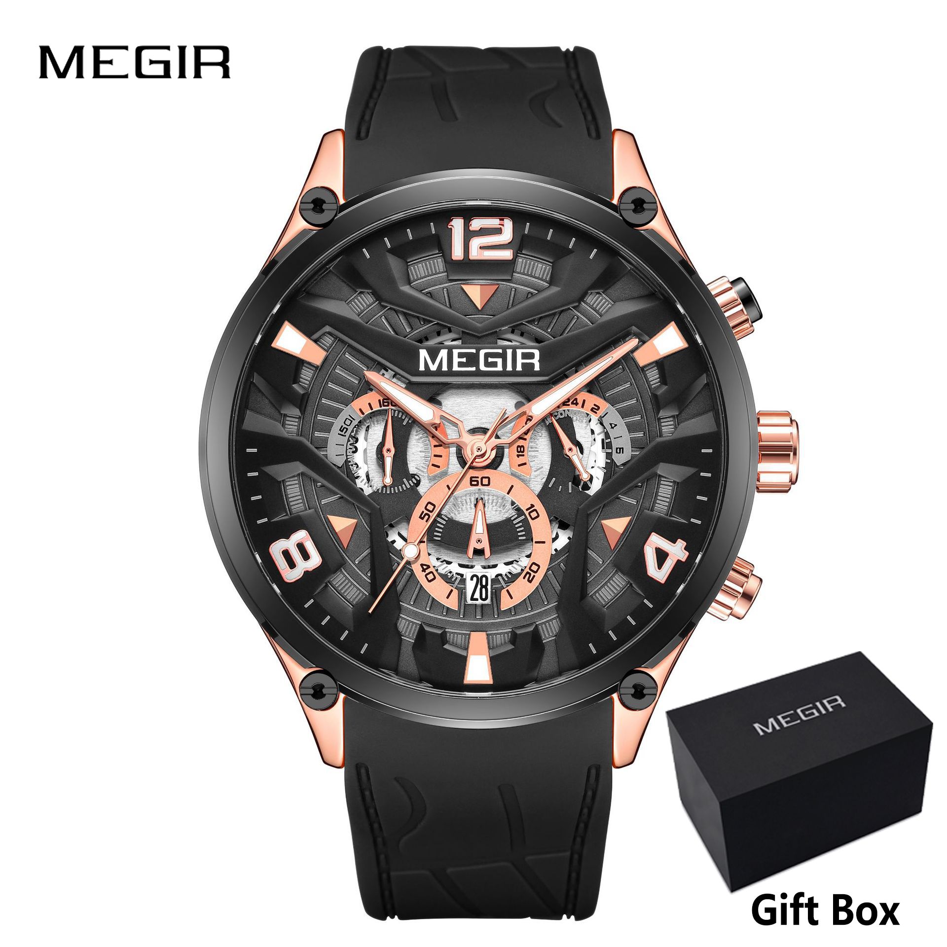 MEGIR Men's Quartz watch with calendar Fashion Casual Men Analog watch minute Stopwatch luminous watch stainless steel silicone strap Night Light Business waterproof wristwatch Sport watch for Men