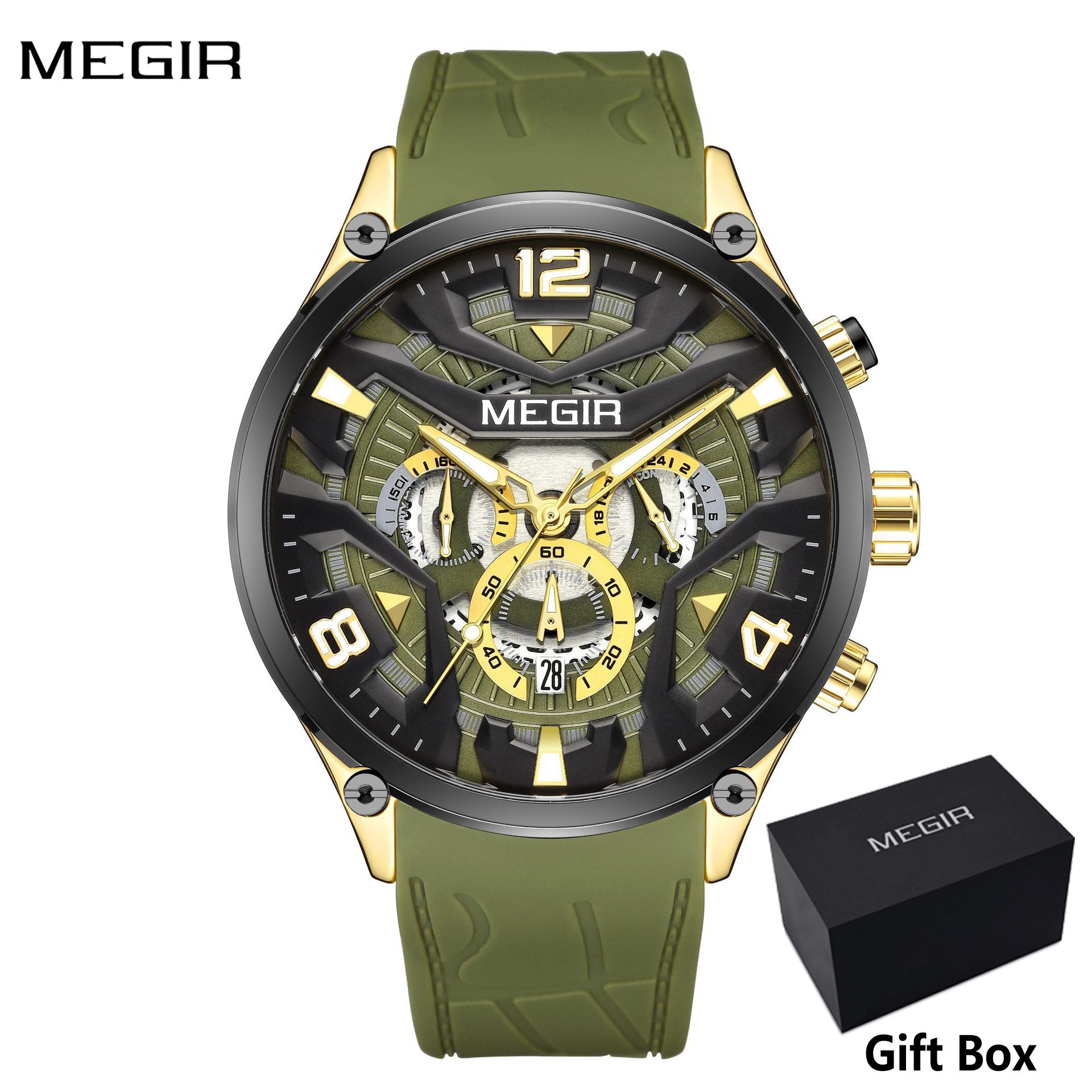 MEGIR Men's Quartz watch with calendar Fashion Casual Men Analog watch minute Stopwatch luminous watch stainless steel silicone strap Night Light Business waterproof wristwatch Sport watch for Men