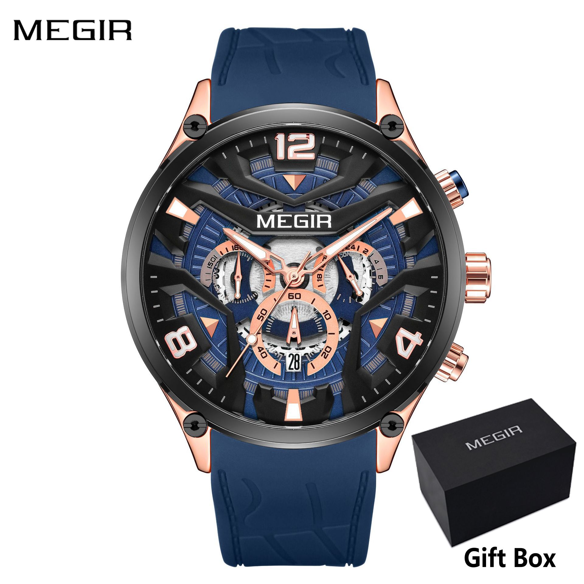 MEGIR Men's Quartz watch with calendar Fashion Casual Men Analog watch minute Stopwatch luminous watch stainless steel silicone strap Night Light Business waterproof wristwatch Sport watch for Men