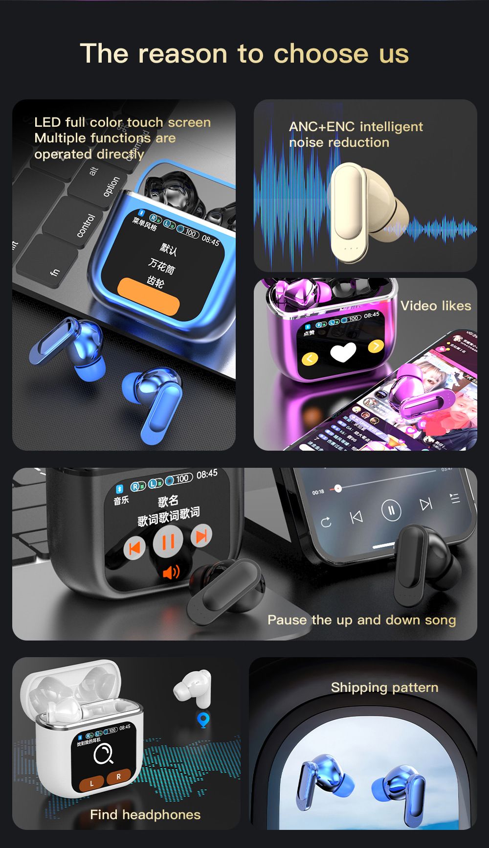 SE60 ANC ENC Noise Cancelling Tws Bluetooth Wireless Gaming in-ear Headphones Bluetooth Wireless Earbuds Earphones with Color Screen Wireless Earpods Bluetooth Headphone with Microphone Music Pods Bud