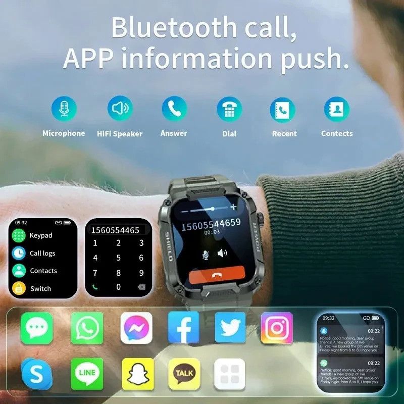 Men Smart Watch IP68 waterproof Smartwatches Outdoor Mountain climbing swimming Bluetooth-compatible Call Music Play Heart Rate Monitor Health Sports Bracelet Siri AI voice assistant Mk66 Smart Watch