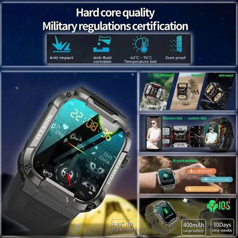 Men Smart Watch IP68 waterproof Smartwatches Outdoor Mountain climbing swimming Bluetooth-compatible Call Music Play Heart Rate Monitor Health Sports Bracelet Siri AI voice assistant Mk66 Smart Watch