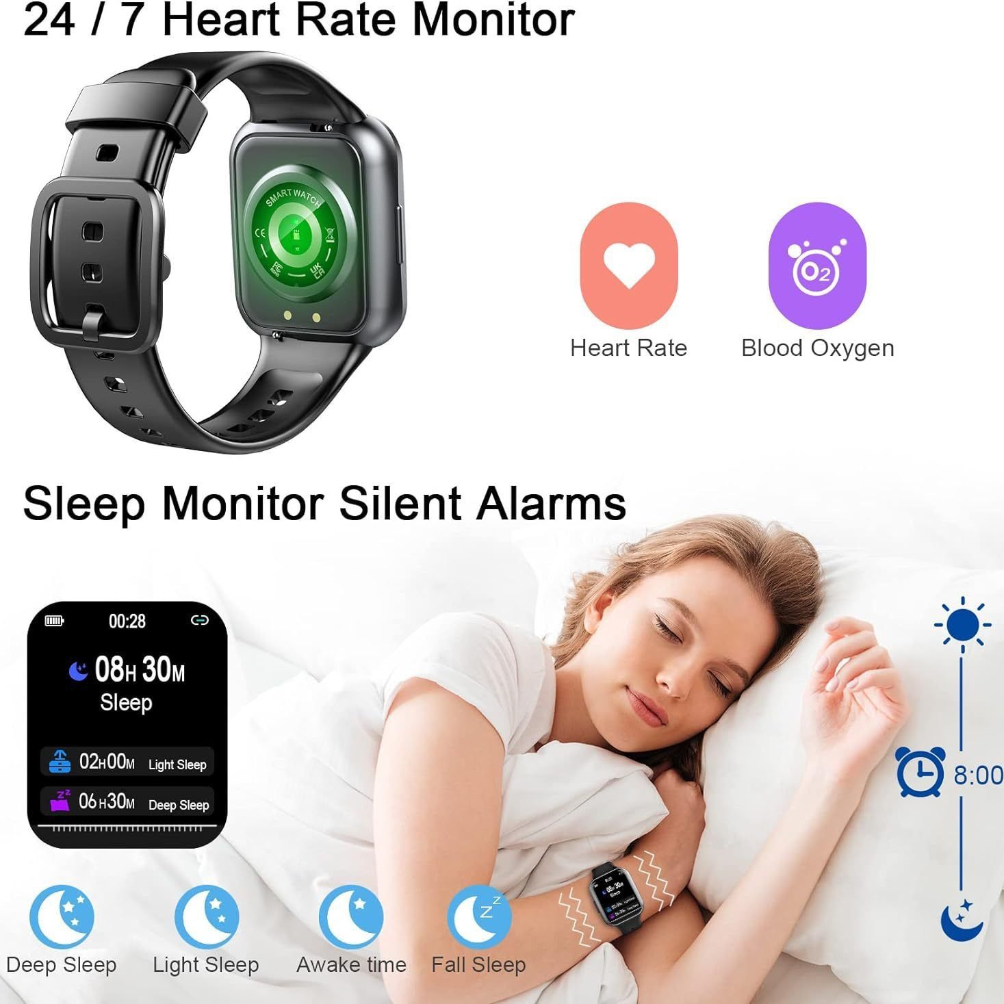 Smart Watch Q23 Women Men 1.69 Inch HD Screen Fitness Bracelet Heart Rate Blood Pressure Monitoring Smartwatch Waterproof Men Women Smartwatches Smart Band Sports Watch Couple Unisex Watch Kids Watch