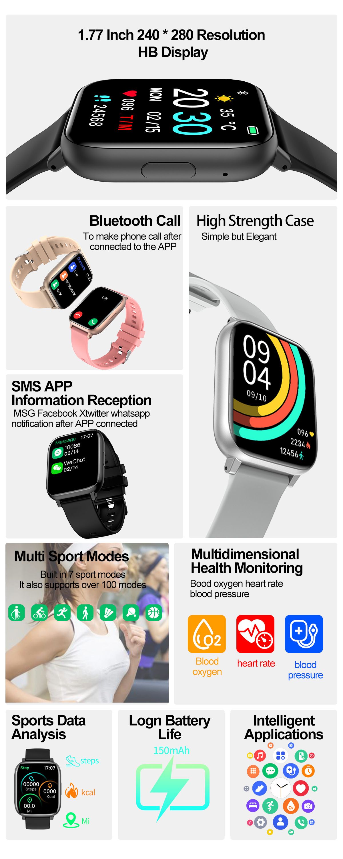 H9 smartwatch Square screen Women Men Smart Watch Fitness Tracker Sports Watches Kids Smart Watch Unisex Watch Couple Watch supports information reminders Bluetooth calls heart rate Alarm Clock