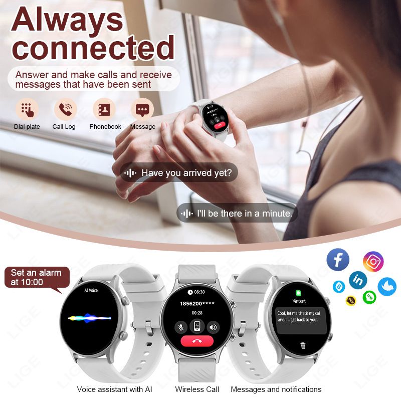Bluetooth Call Smart Watch Women Men Sports Watch Smart voice assistant Couple Smartwatches Waterproof Smart Watch Heart Rate Monitoring Calories Pedometer Information notification Alarm Clock Watches