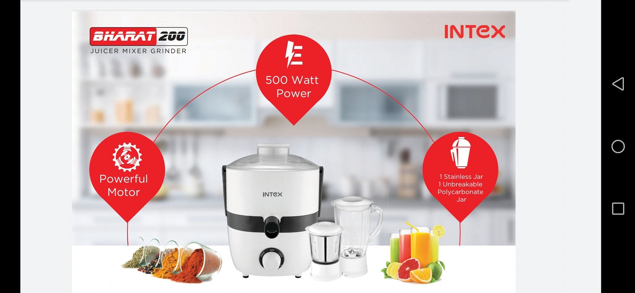 INTEX Juicer Mixer Grinder 500W- Novis with 2 Jars|1.5L Blender Jar,0.7L SS Multipurpose Jar|Nozzle Cap|Shockproof Body Design,Overload Protection for Sa