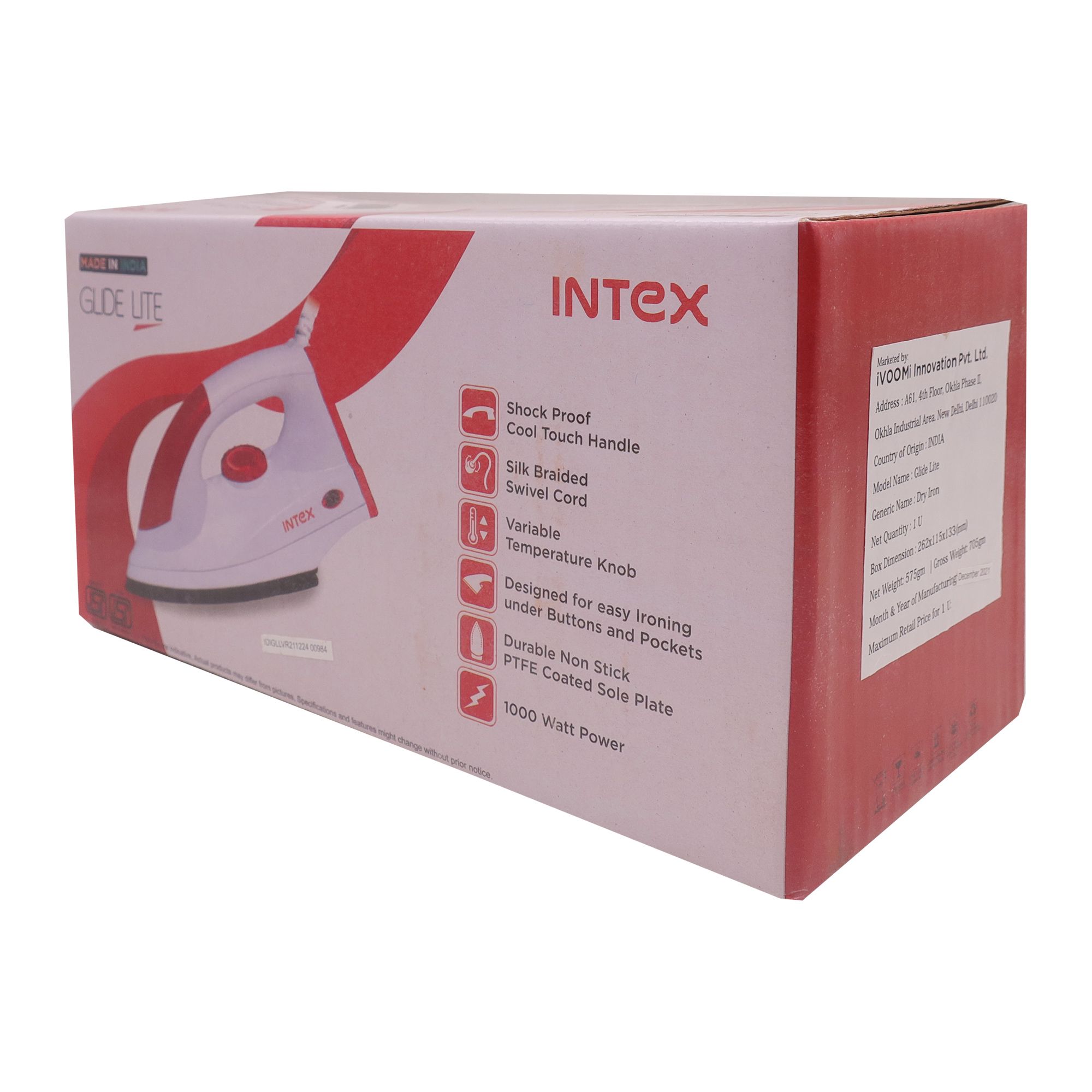 Intex Glide Lite  Iron Box 1000W, Shock Proof Cool touch Handle Inbuilt dry element Aluminium Sole Plate , Variable temperature knol