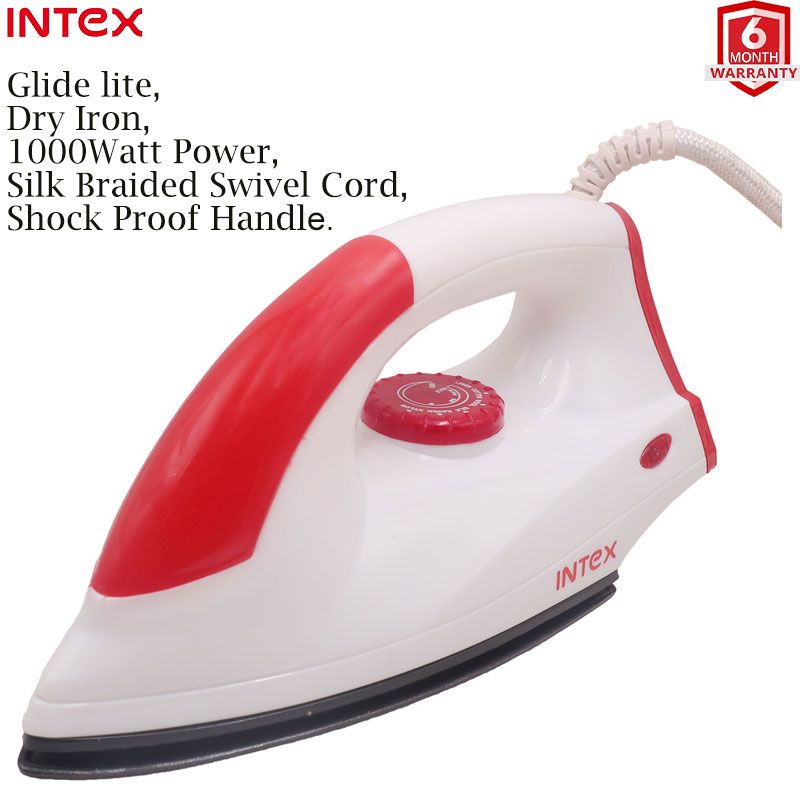 Intex Glide Lite  Iron Box 1000W, Shock Proof Cool touch Handle Inbuilt dry element Aluminium Sole Plate , Variable temperature knol