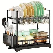 Dish Drying Rack, 2 Tier Dish Drainer for Kitchen Counter with Drainboard & Utensils Holder, Over Sink Metal Drainer Drying Rack, Black