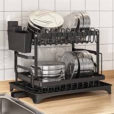 Dish Drying Rack, 2 Tier Dish Drainer for Kitchen Counter with Drainboard & Utensils Holder, Over Sink Metal Drainer Drying Rack, Black