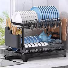 Dish Drying Rack, 2 Tier Dish Drainer for Kitchen Counter with Drainboard & Utensils Holder, Over Sink Metal Drainer Drying Rack, Black