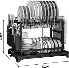 Dish Drying Rack, 2 Tier Dish Drainer for Kitchen Counter with Drainboard & Utensils Holder, Over Sink Metal Drainer Drying Rack, Black