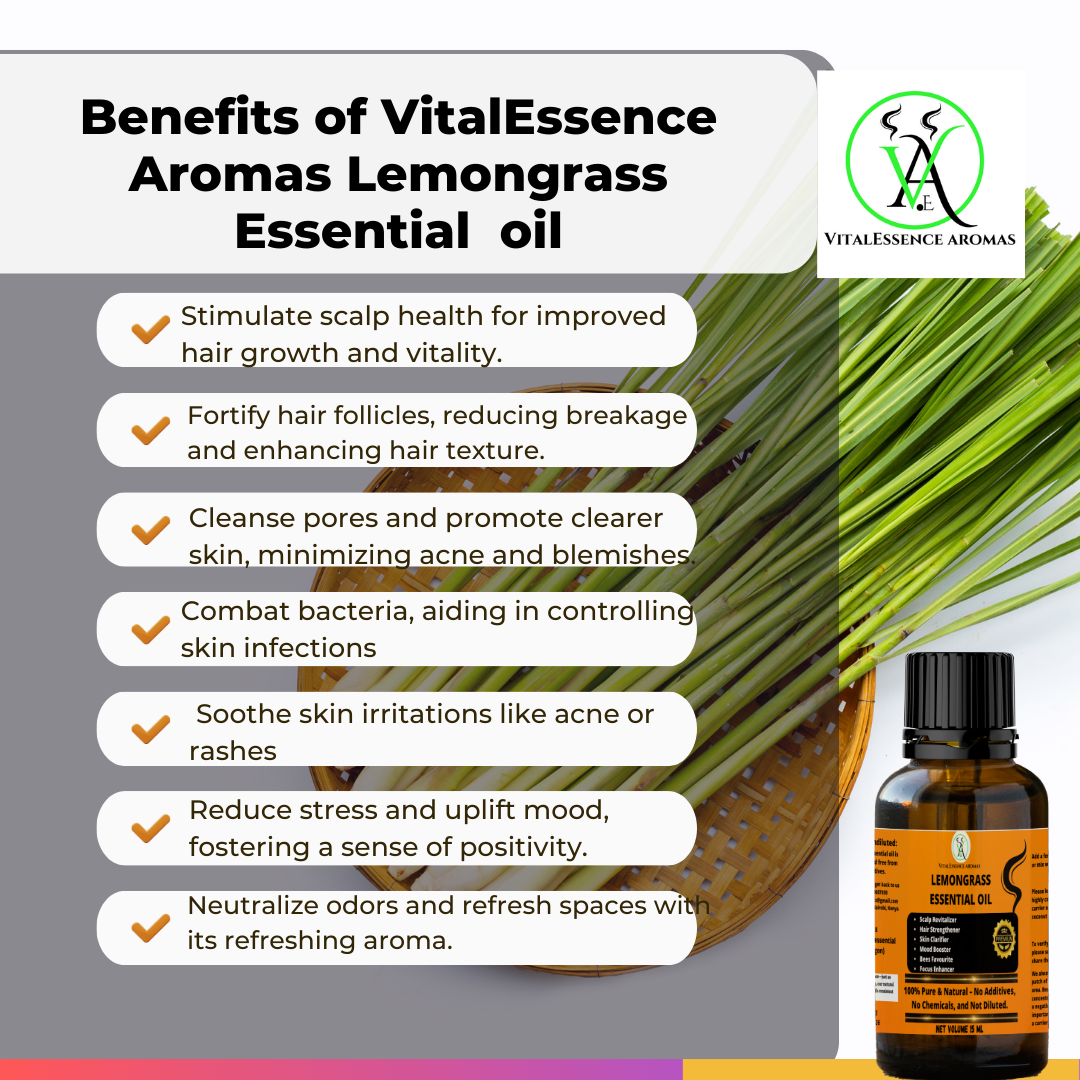 Lemongrass Essential Oil  - 100% Pure, Undiluted, Therapeutic Grade, Aromatherapy Diffuser ,Scalp Revitalizer Hair Strengthener Skin Clarifier,Bees Attractor