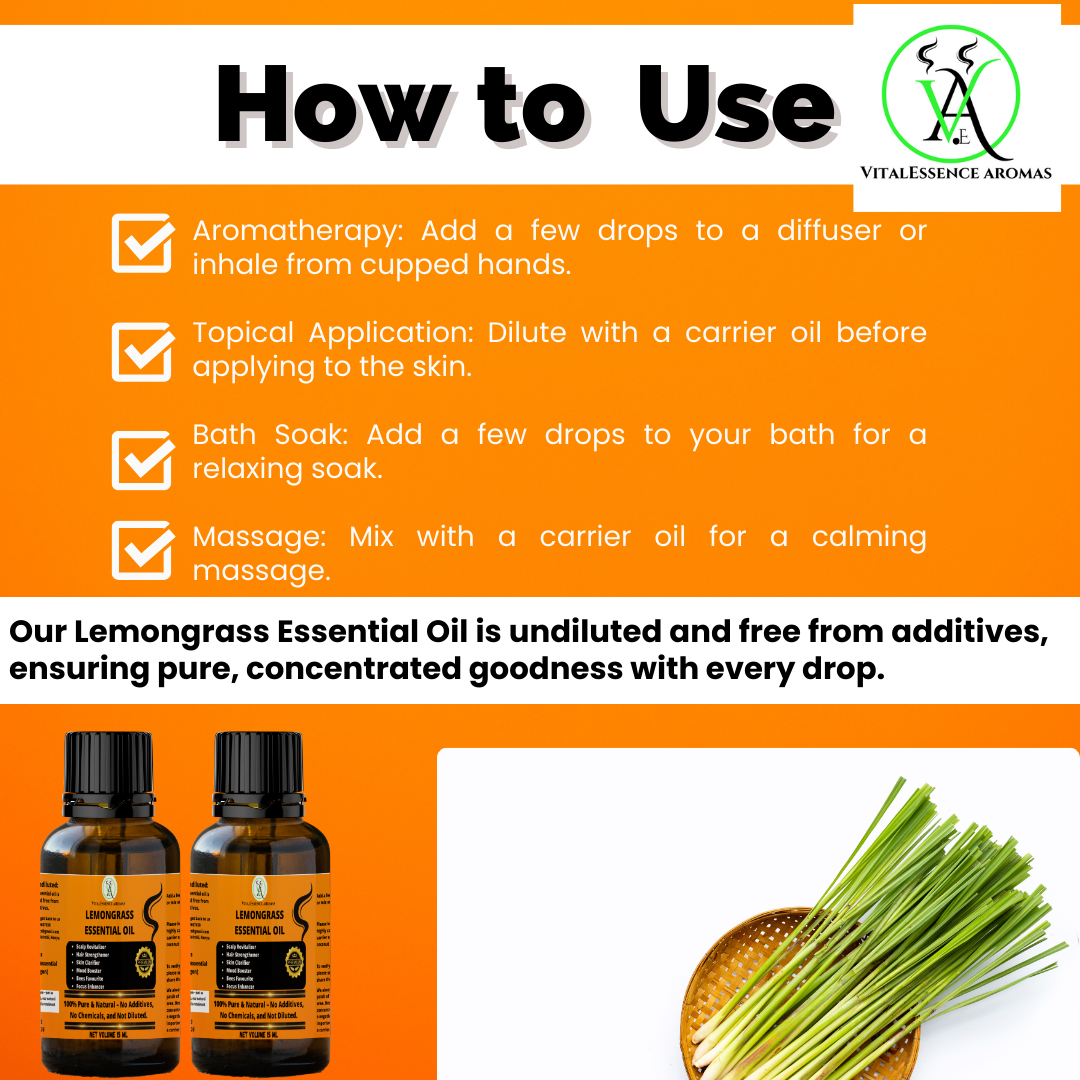 Lemongrass Essential Oil  - 100% Pure, Undiluted, Therapeutic Grade, Aromatherapy Diffuser ,Scalp Revitalizer Hair Strengthener Skin Clarifier,Bees Attractor