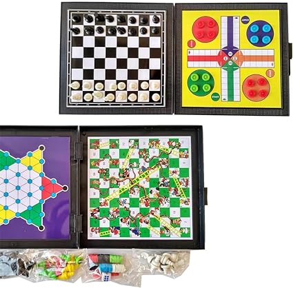 UPGRADED 5 in 1 Chess Game Board Set Board Game Portable Travel Board Game Mini Magnetic Chess Game Chess board Flying Chess Checker Snake Chess Draughts Ladders Checker Educational Toy for Kids 6+