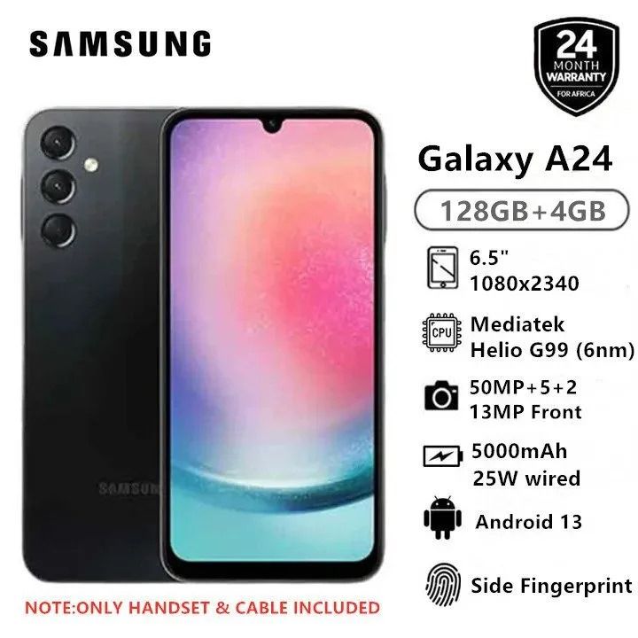 Samsung Galaxy A24 6.5" 90Hz AMOLED 128GB + 4GB 50MP+5MP+2MP Back | 13MP Front Camera 5000mAh 25W Charging Android 13 Side Fingerprint Unlock 4G LTE Dual SIM Smart Phones